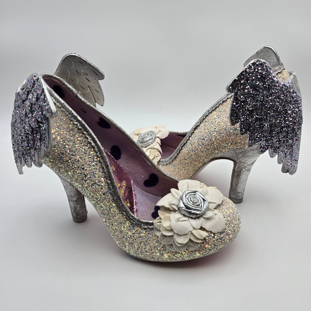 Irregular Choice Icarus Rare Angel Wing Wedding Silver White Glitter 38 US 7